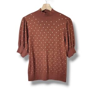 Halogen Polka Dot Sweater Puff Sleeve Twee Rust Ivory NEW
